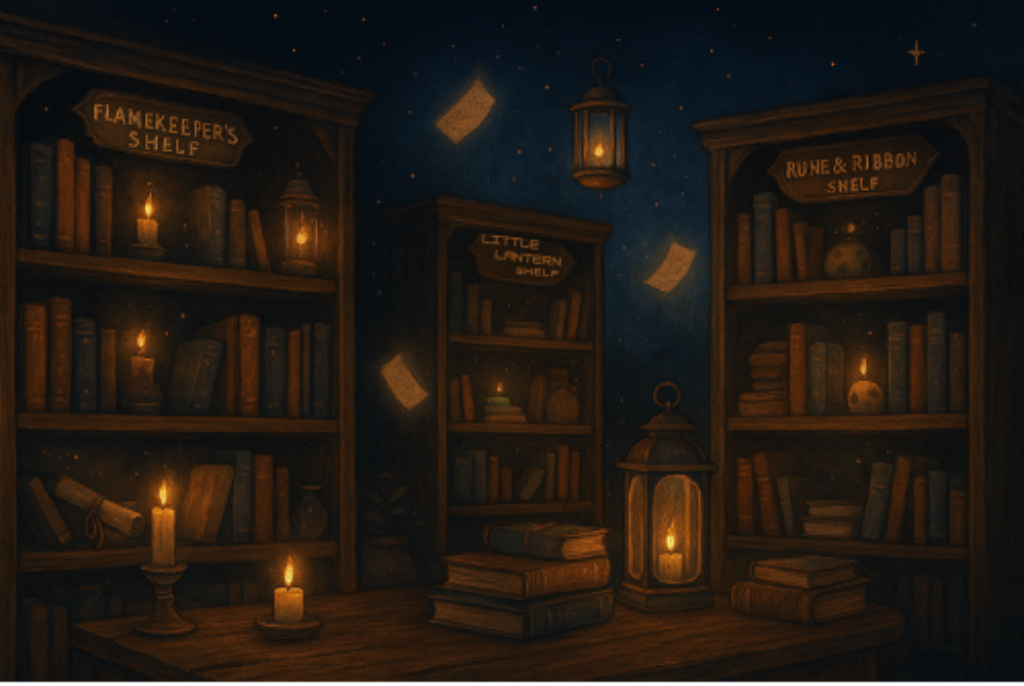 Darkly lit room with bookshelves, candles, and lanterns营造出神秘氛围
